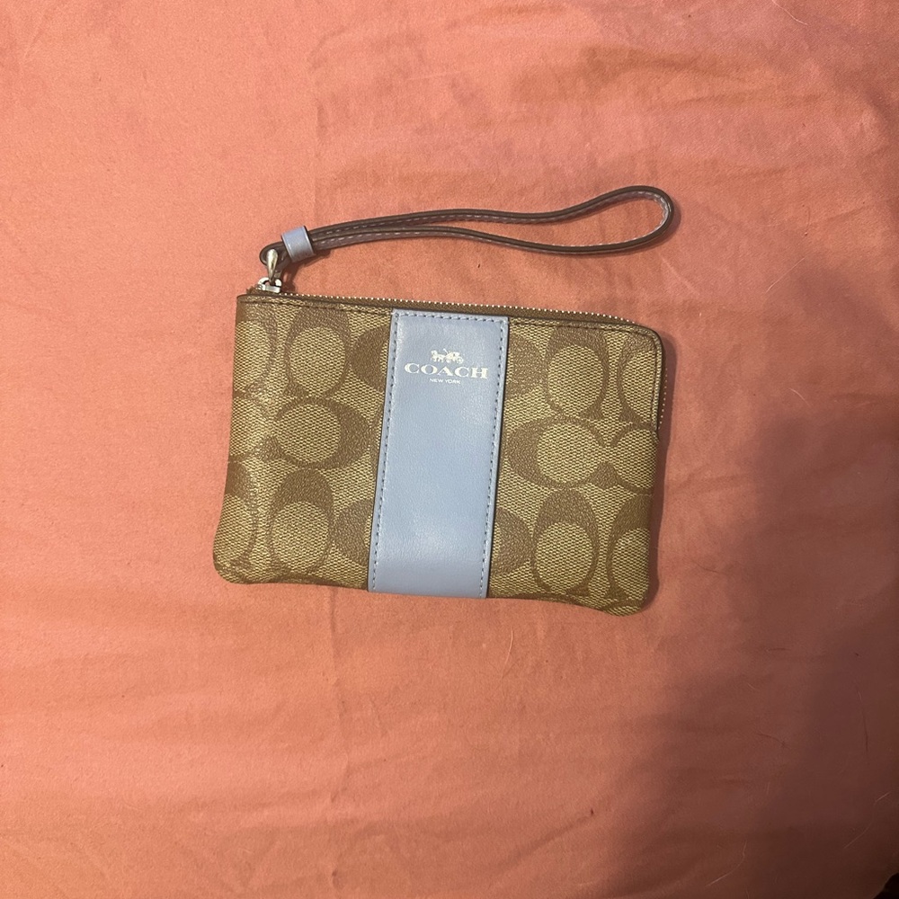 Coach Signature Tan and Blue Wristlet